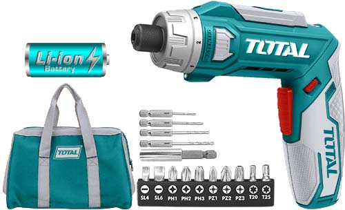 TOTAL TOURNEVIS A ABATTERIE TSDLI0801 +EMBOUTS+SAC