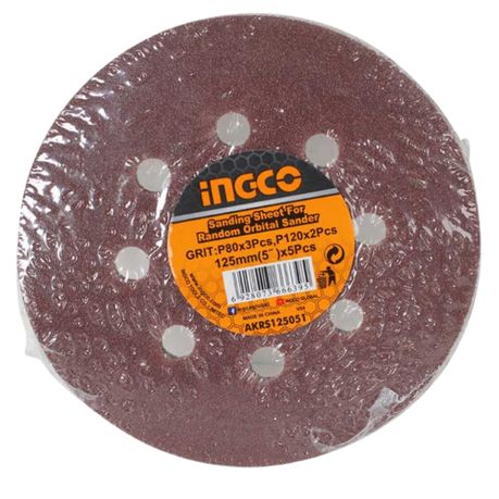 INGCO    JEU FEUILLES ABRASIVES PONCEUSE ORBITALE 5PCS 125MM 